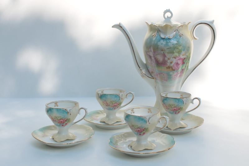 photo of antique RS Prussia hand painted porcelain coffee or chocolate set, tall pot w/ demitasse cups & saucers #9