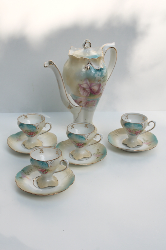 photo of antique RS Prussia hand painted porcelain coffee or chocolate set, tall pot w/ demitasse cups & saucers #12