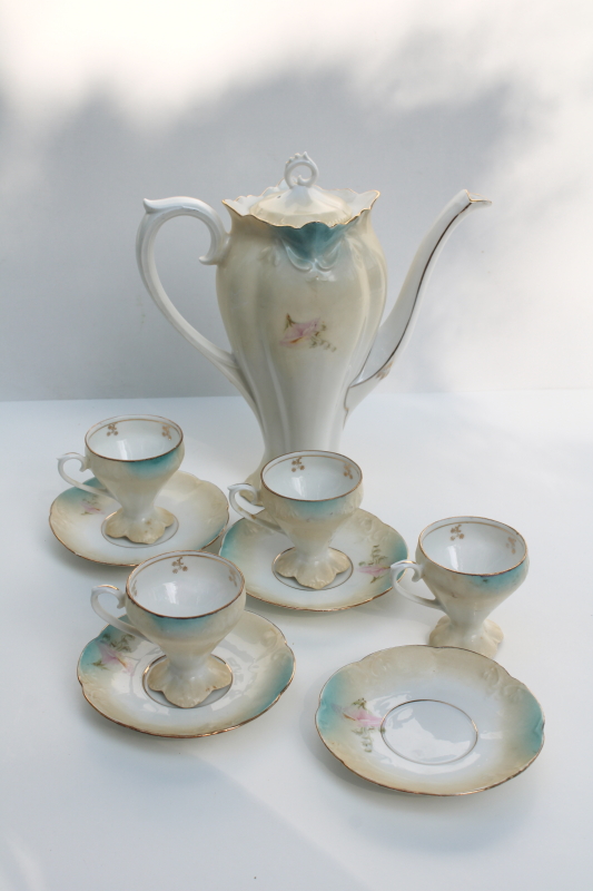 photo of antique RS Prussia hand painted porcelain coffee or chocolate set, tall pot w/ demitasse cups & saucers #14