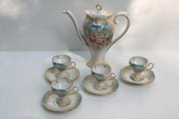catalog photo of antique RS Prussia hand painted porcelain coffee or chocolate set, tall pot w/ demitasse cups & saucers