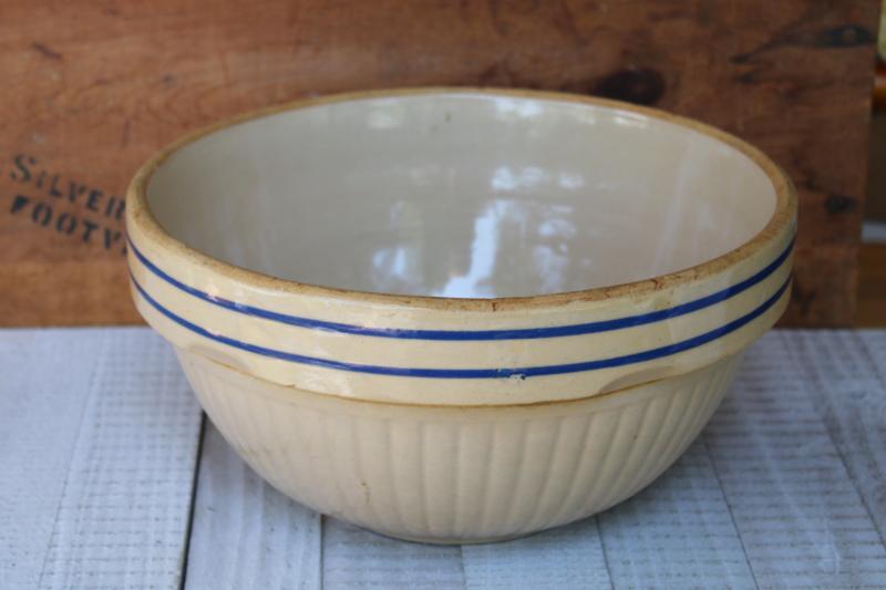 photo of antique Red Wing stoneware crown bowl, salt glazed pottery double blue band #1