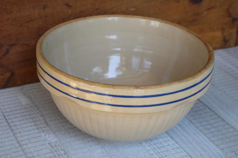 photo of antique Red Wing stoneware crown bowl, salt glazed pottery double blue band #5