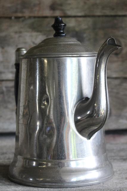 photo of antique Rochester tinned steel coffee pot w/ wood handle, turn of the century vintage #2