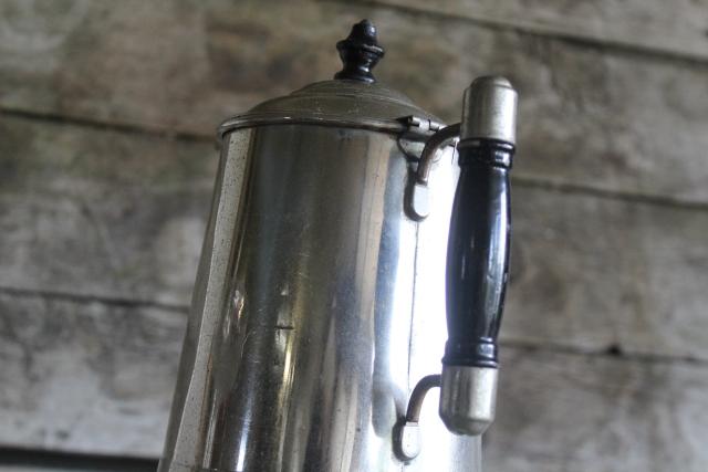 photo of antique Rochester tinned steel coffee pot w/ wood handle, turn of the century vintage #4