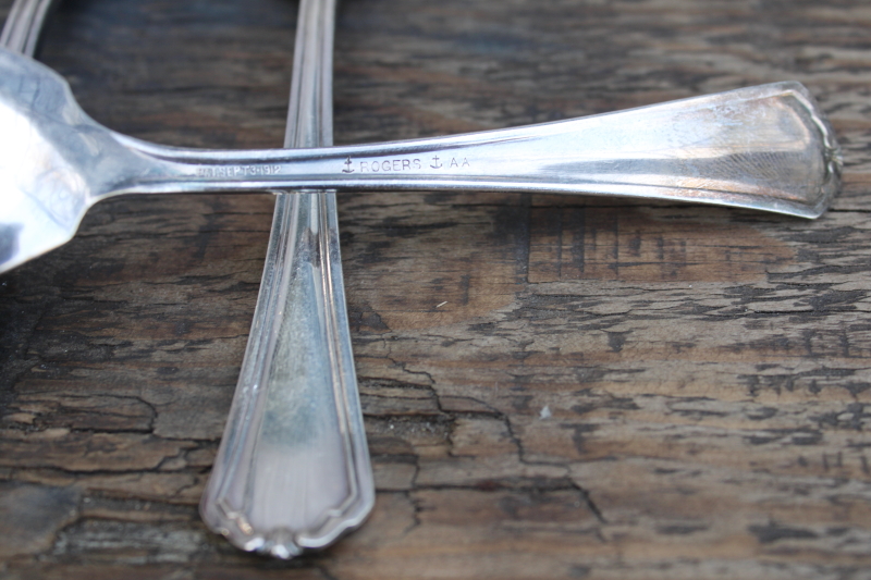 photo of antique Rogers silver plate flatware with 1912 patent date, Puritan pattern fancy salad forks set of 6 #2