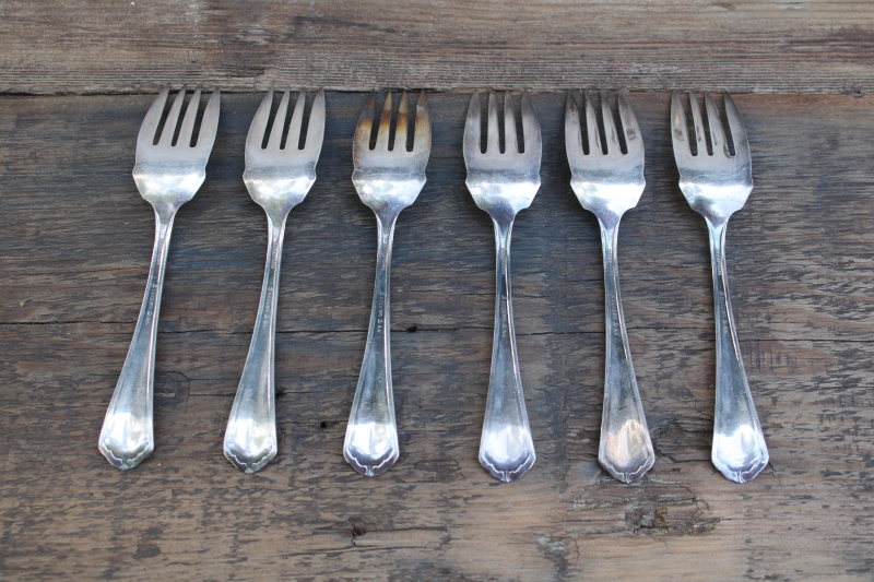 photo of antique Rogers silver plate flatware with 1912 patent date, Puritan pattern fancy salad forks set of 6 #3