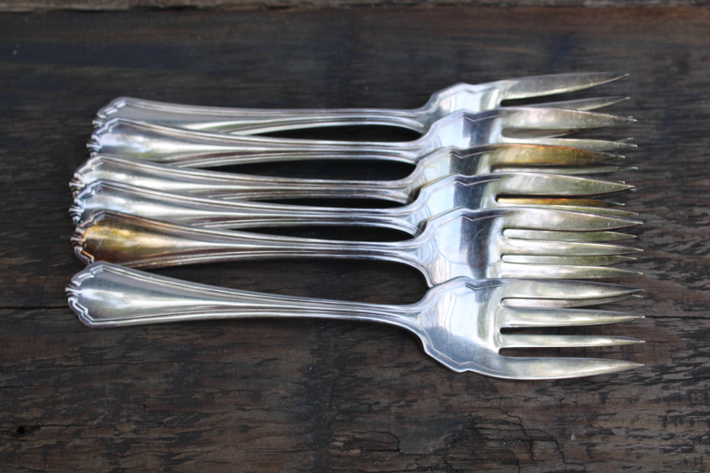 photo of antique Rogers silver plate flatware with 1912 patent date, Puritan pattern fancy salad forks set of 6 #4