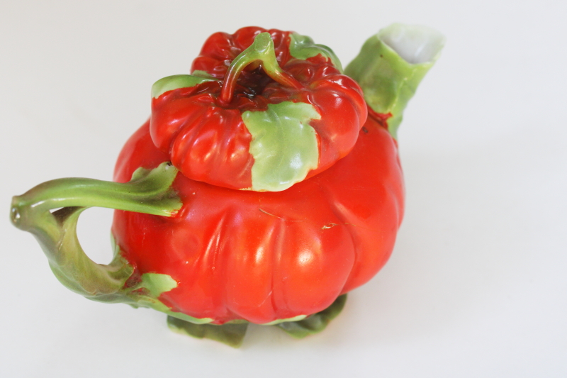 photo of antique Royal Bayreuth china teapot, heirloom tomato shape w/ leaf plate, majolica style  #2