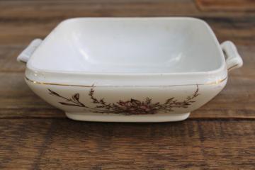 catalog photo of antique Royal Ironstone China square dish tureen bowl, shabby stained pink & brown transferware England