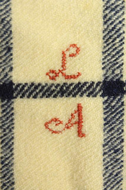 photo of antique Shaker blanket, handwoven homespun  wool blue & white check w/ red monogram embroidery #8