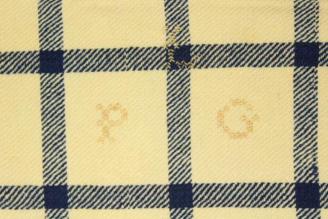 photo of antique Shaker blanket, handwoven homespun wool blue & white check w/ red monogram embroidery #12