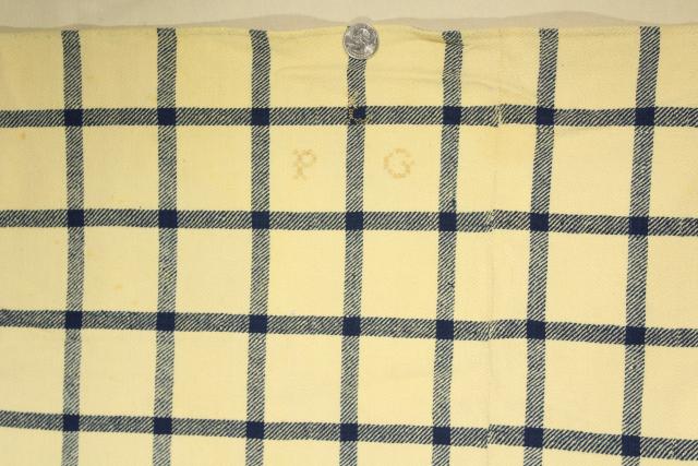 photo of antique Shaker blanket, handwoven homespun wool blue & white check w/ red monogram embroidery #13