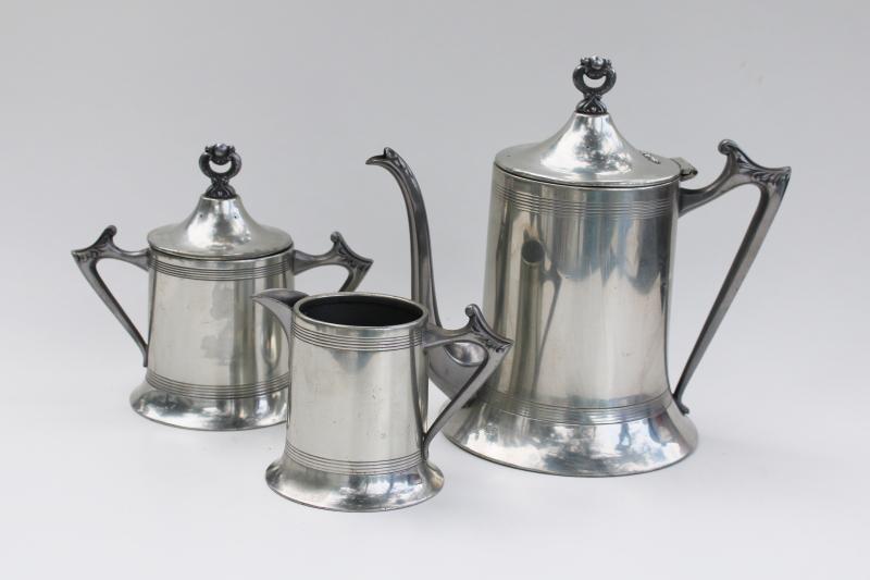 photo of antique Sheffield plate pewter tea set, silver plate polished to base metal #1