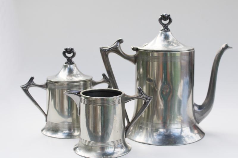 photo of antique Sheffield plate pewter tea set, silver plate polished to base metal #3