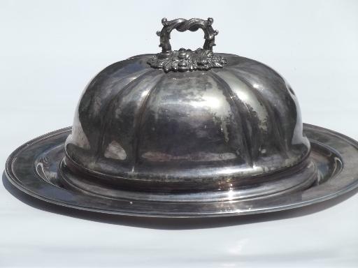 photo of antique Sheffield silver plate, meat platter tray & large dome cover #1