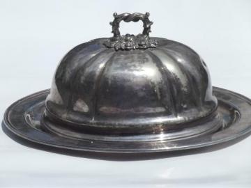 catalog photo of antique Sheffield silver plate, meat platter tray & large dome cover