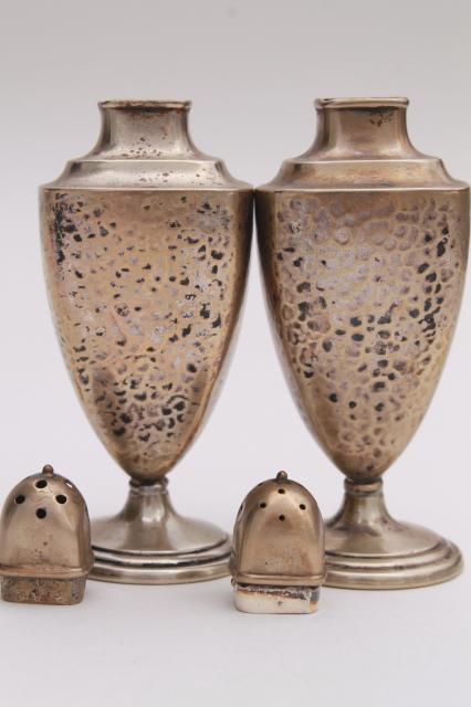 photo of antique Sheffield silver plate salt & pepper shakers, art nouveau hammered finish silver over copper #5