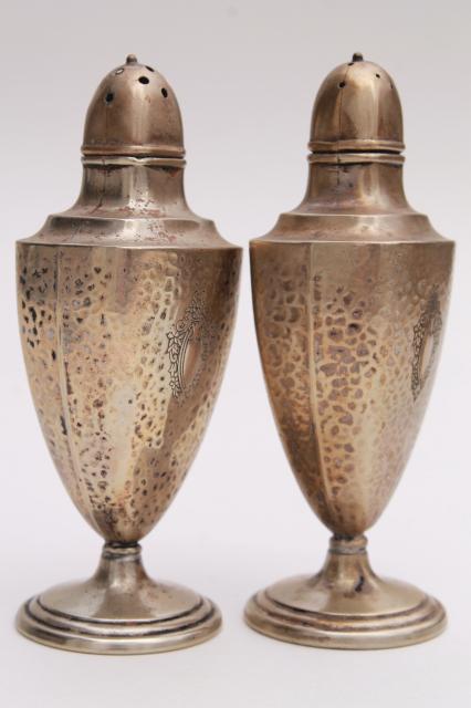 photo of antique Sheffield silver plate salt & pepper shakers, art nouveau hammered finish silver over copper #6