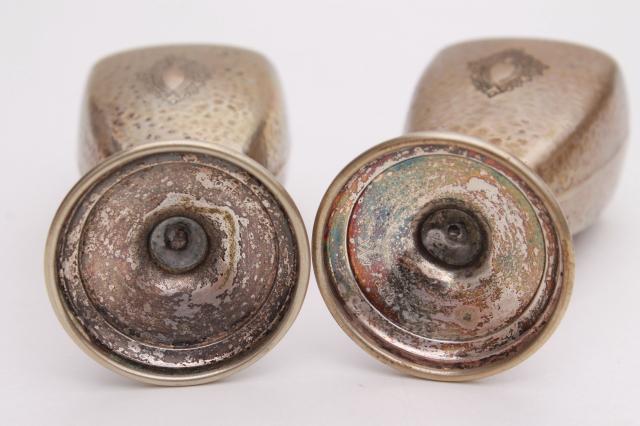 photo of antique Sheffield silver plate salt & pepper shakers, art nouveau hammered finish silver over copper #7