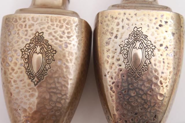 photo of antique Sheffield silver plate salt & pepper shakers, art nouveau hammered finish silver over copper #9