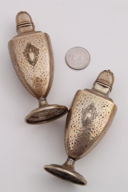 photo of antique Sheffield silver plate salt & pepper shakers, art nouveau hammered finish silver over copper #10