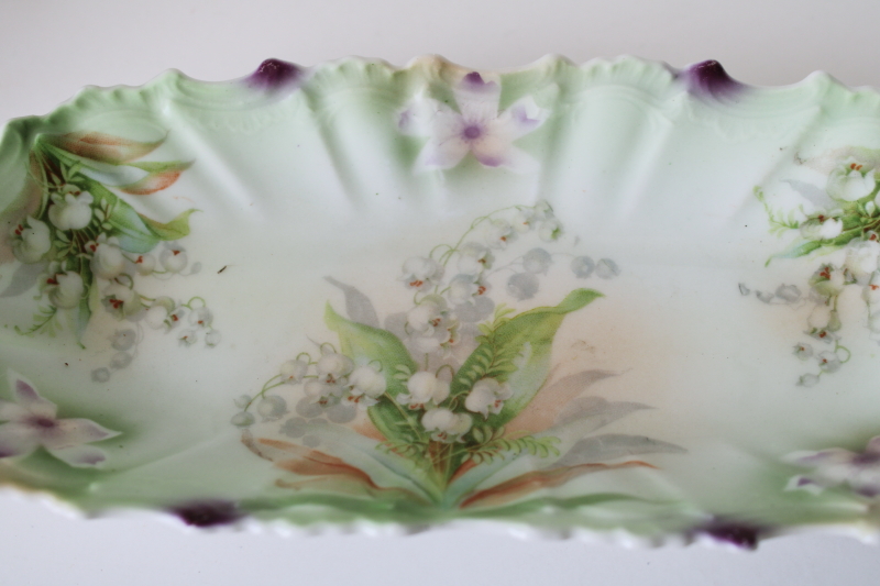 photo of antique Silesien china celery dish, long ornate tray w/ lily of the valley flowers  #2