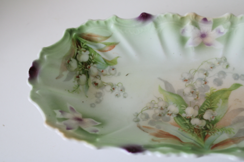 photo of antique Silesien china celery dish, long ornate tray w/ lily of the valley flowers  #3