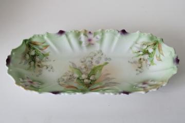 catalog photo of antique Silesien china celery dish, long ornate tray w/ lily of the valley flowers 