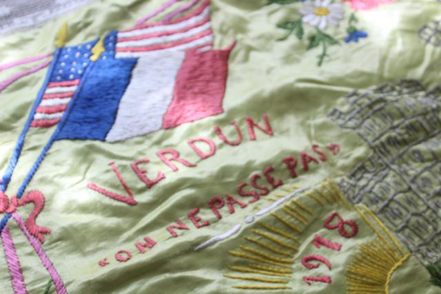 photo of antique Souvenir of France French lace hand embroidered cushion cover WWI vintage #2