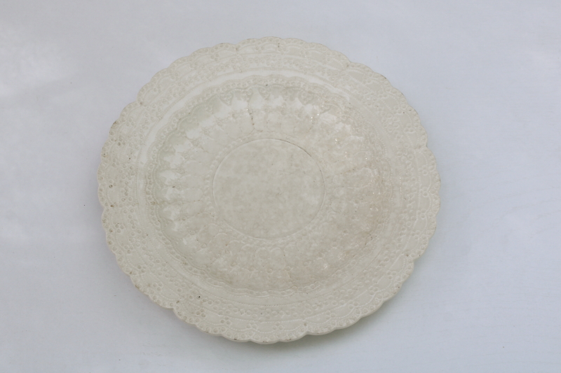 photo of antique Spode Jewel plate, creamy white lace embossed border, shabby stained browned china #1