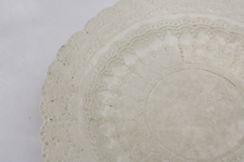 photo of antique Spode Jewel plate, creamy white lace embossed border, shabby stained browned china #2