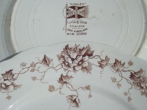 photo of antique Staffordshire china, brown ivy floral transferware plates & bowls #2