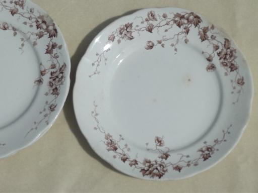 photo of antique Staffordshire china, brown ivy floral transferware plates & bowls #4