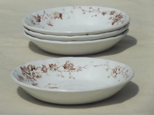 photo of antique Staffordshire china, brown ivy floral transferware plates & bowls #7