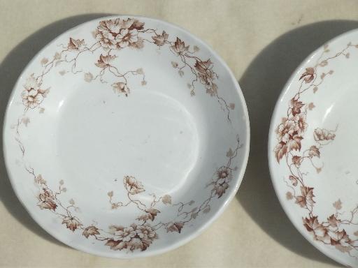 photo of antique Staffordshire china, brown ivy floral transferware plates & bowls #8