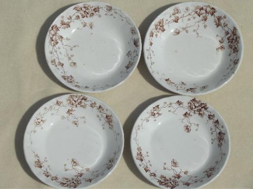 photo of antique Staffordshire china, brown ivy floral transferware plates & bowls #9