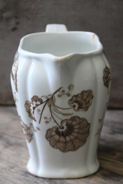 photo of antique Staffordshire china pitcher, brown transferware begonia or geranium leaf #2