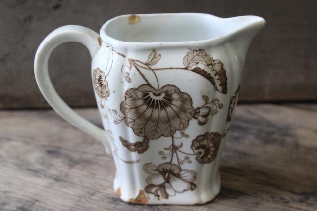 photo of antique Staffordshire china pitcher, brown transferware begonia or geranium leaf #3