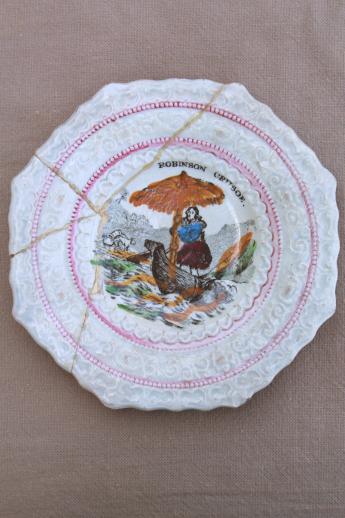 photo of antique Staffordshire china plates, mid 1800s vintage Robinson Crusoe transferware #3