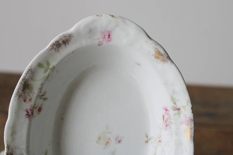 photo of antique Staffordshire china soap dish set, shabby worn dishes w/ pink roses floral  #3