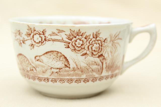 photo of antique Staffordshire china tea cups, Furnivals Quail bird brown transferware #3