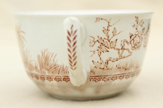 photo of antique Staffordshire china tea cups, Furnivals Quail bird brown transferware #5