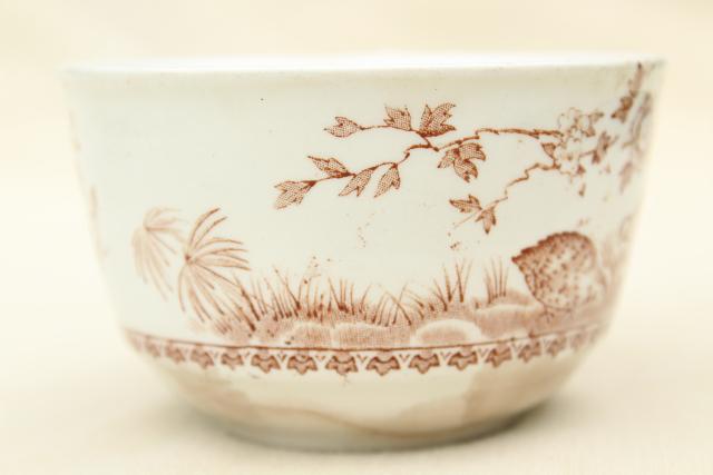 photo of antique Staffordshire china tea cups, Furnivals Quail bird brown transferware #6