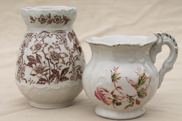 photo of antique Staffordshire toothbrush holder vase & ironstone china cup for wash stand or commode #1