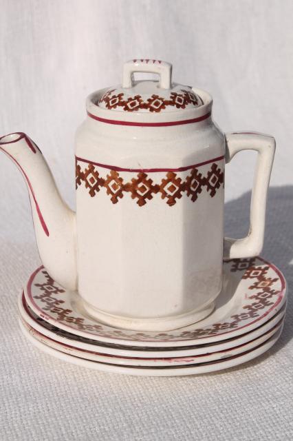 photo of antique Stafforshire china, 1800s vintage English stick spatter teapot & plates #1