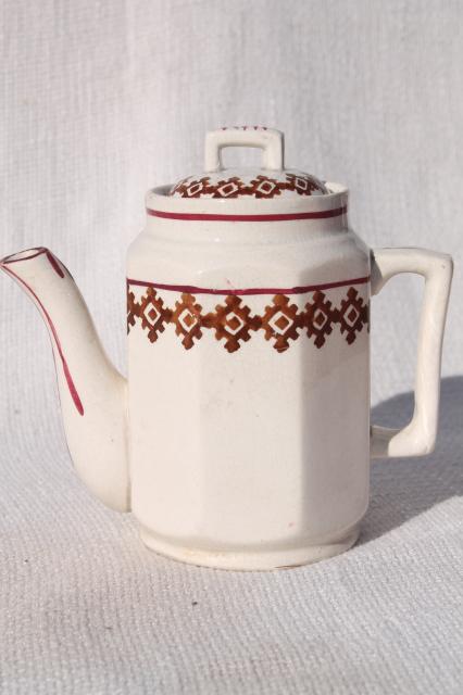 photo of antique Stafforshire china, 1800s vintage English stick spatter teapot & plates #7