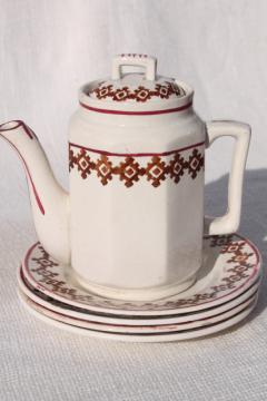 catalog photo of antique Stafforshire china, 1800s vintage English stick spatter teapot & plates