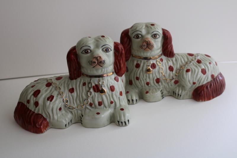 photo of antique Stafforshire china reproductions, red spotted spaniels pair of large figurines #1