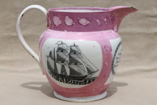 photo of antique Sunderland lustre milk jug w/ motto, mid 1800s vintage wedding pitcher #6