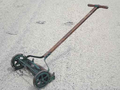 photo of antique Trojan manual push reel lawn mower, WWI vintage w/steel wheels #1